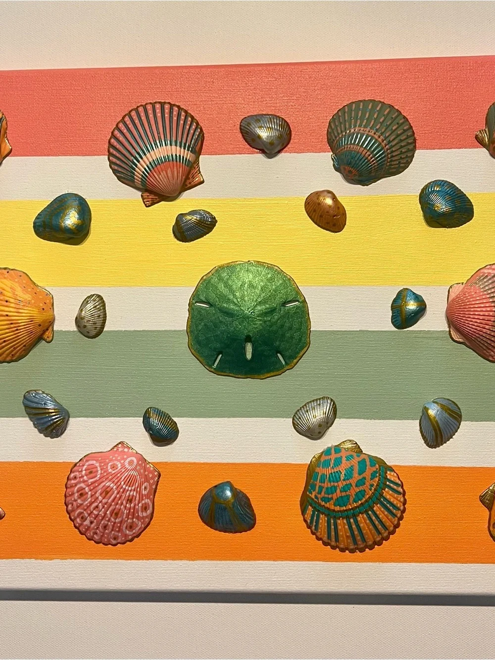 Seashell Wall Art Canvas in Green, Coral & Yellow - Coastal Stripe Decor